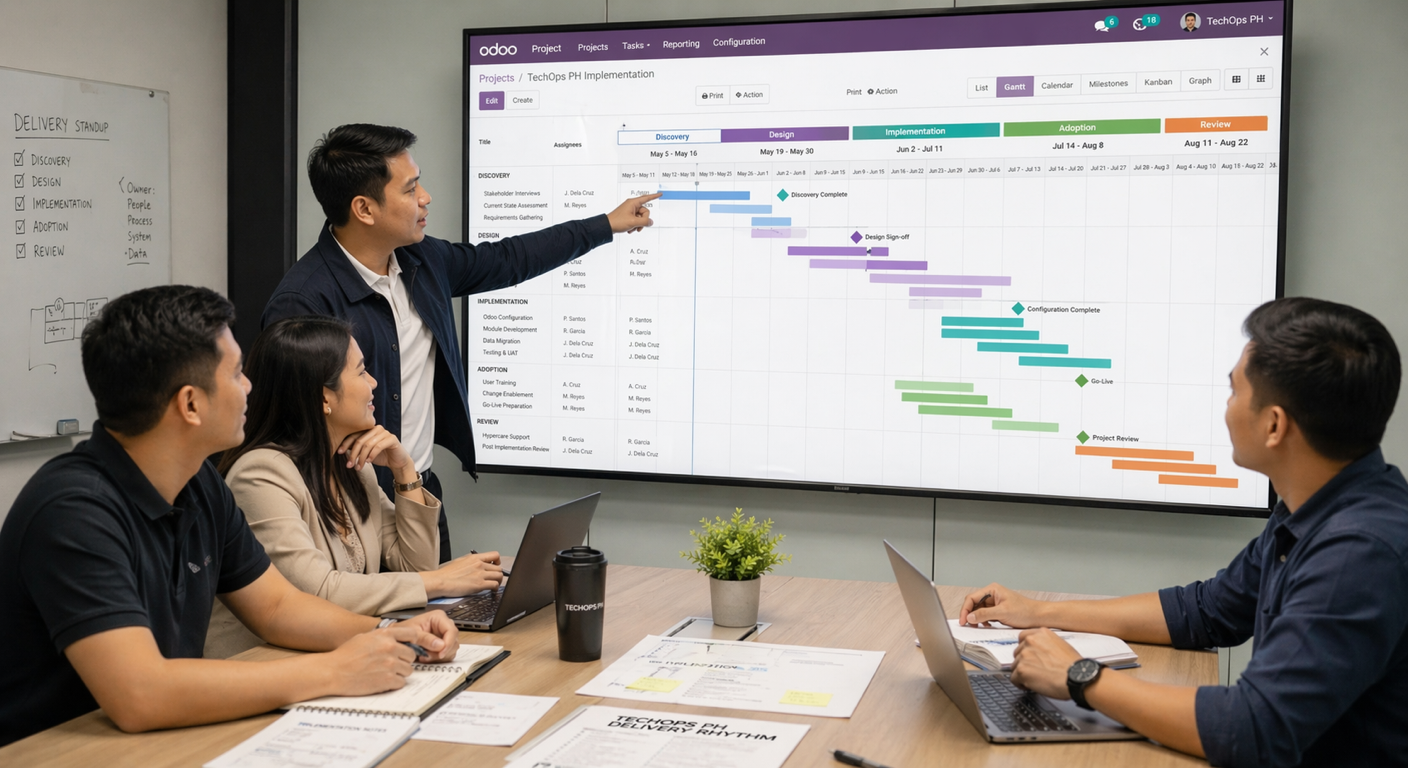 Filipino delivery team reviewing an Odoo Project timeline for discovery, implementation, adoption, and review