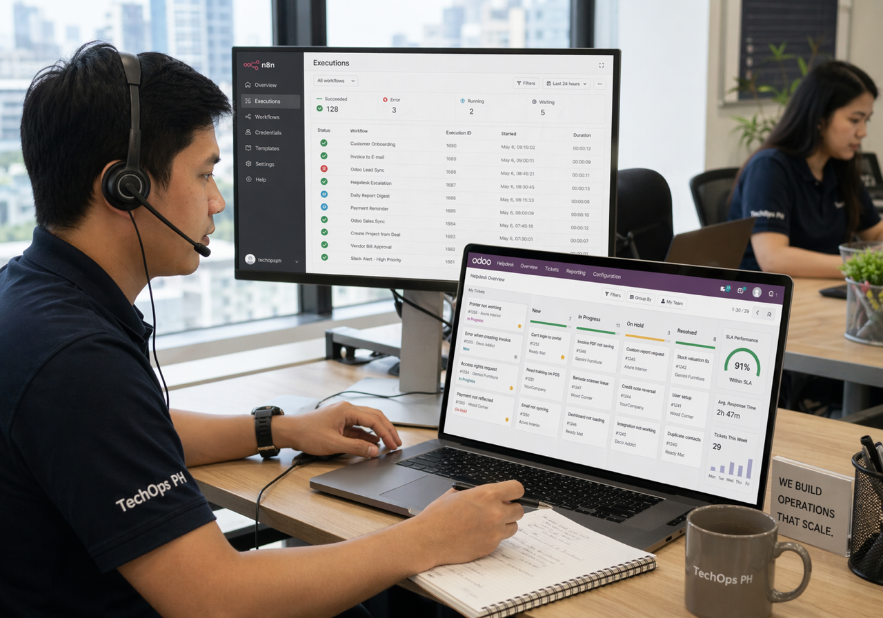 Filipino support consultant monitoring Odoo Helpdesk tickets and n8n workflow execution status