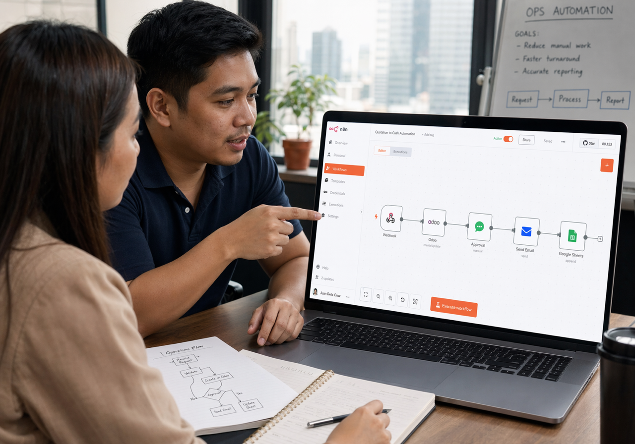 Filipino automation consultants reviewing an n8n workflow with Odoo and reporting nodes