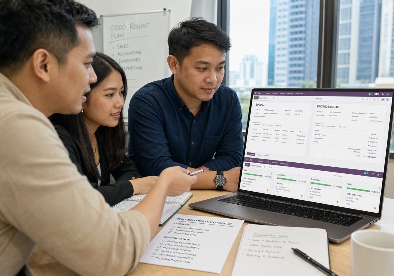 Filipino ERP implementation team reviewing Odoo sales, invoice, and CRM rollout screens