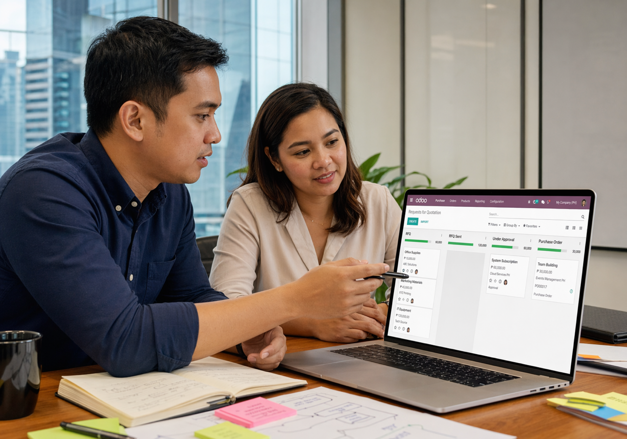 Filipino operations consultants reviewing an Odoo workflow pipeline during process design